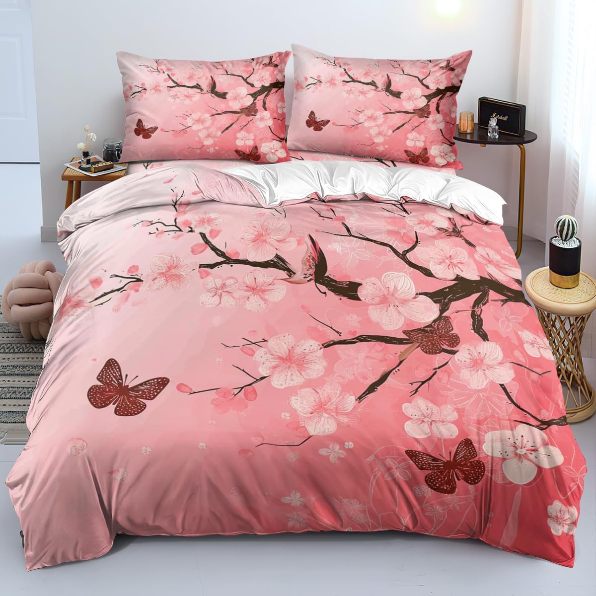 CCoutueChen Cherry Bedding Set Queen Size for Girls, Pink Floral Comforter Set,Lovely Butterfly Decor Bedding, Japanese Blossom Comforter with 2 Pillowcases, 3Pcs Soft Fluffy Lightweight Comforter