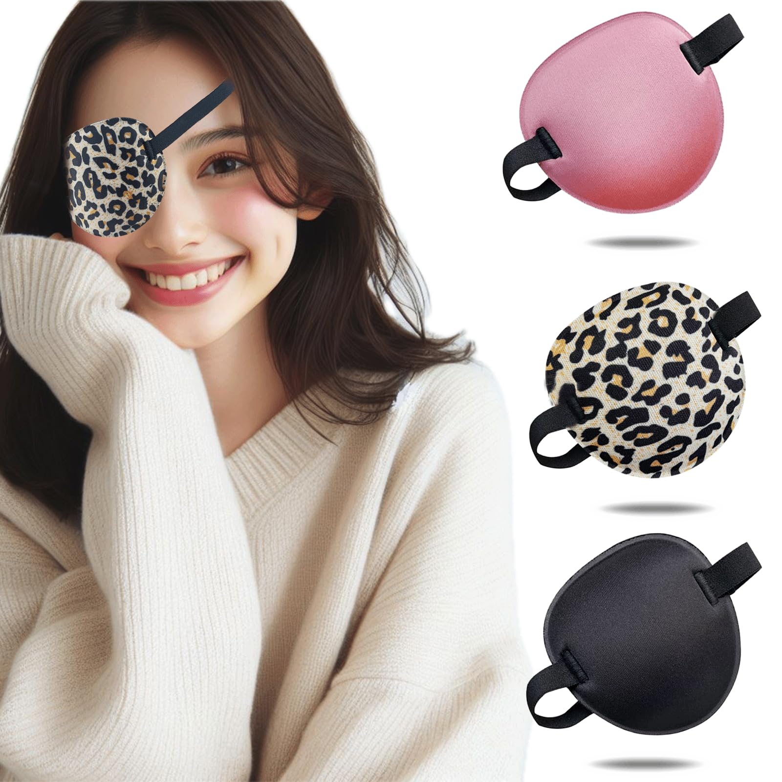 3PCS Eye Patch, Medical Eye Patches for Kids and Adults, Soft Amblyopia Lazy Eye Patches for Left or Right Eyes (Black, Pink, Leopard Print)
