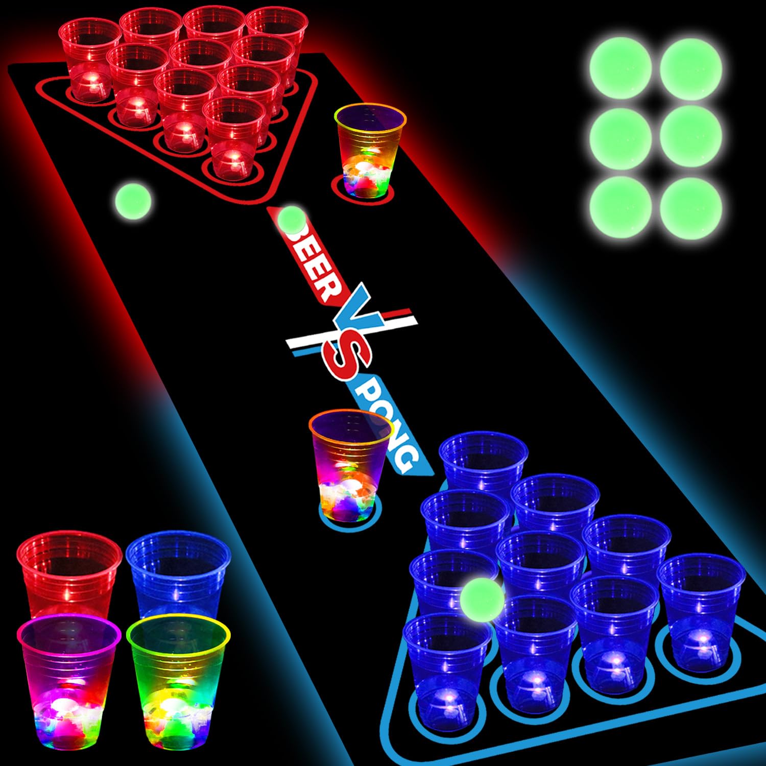 Tapete de mesa de pong de cerveza brillante para juego de beber, juego de vasos y ponches de plástico con luz para juegos de fiesta, juego de pong para interiores y exteriores, suministros de