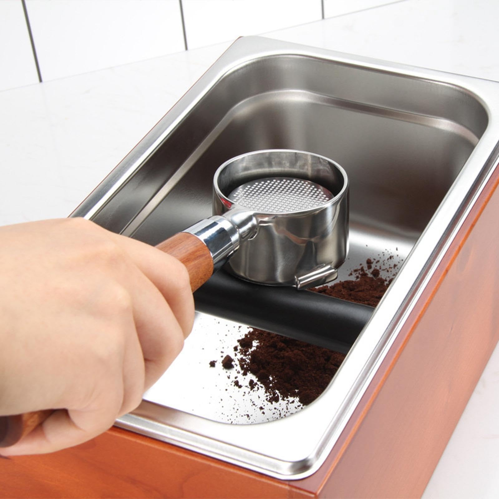 Contenitore per fondi di caffè in acciaio inox, separabile, 26x17x11,6 cm, sedile in legno per macchine da caffè espresso multiuso