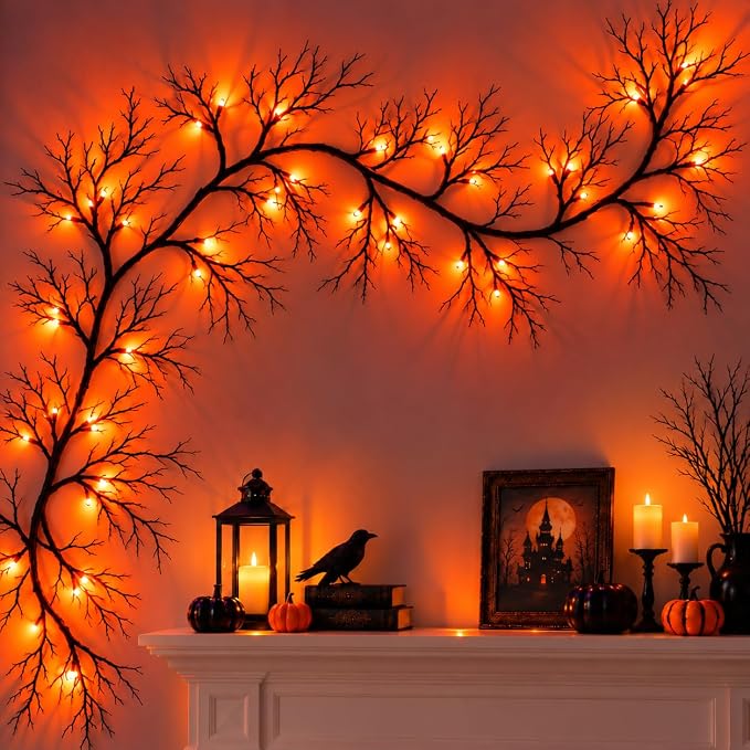 Halloween Garland with Orange Lights, 6 FT Bendable Black Branch, 45 LEDs Battery Operated Halloween String Lights with 8 Modes, 6H Timer for Mantel, Doorway, Stairs, Indoor and Outdoor Decorations
