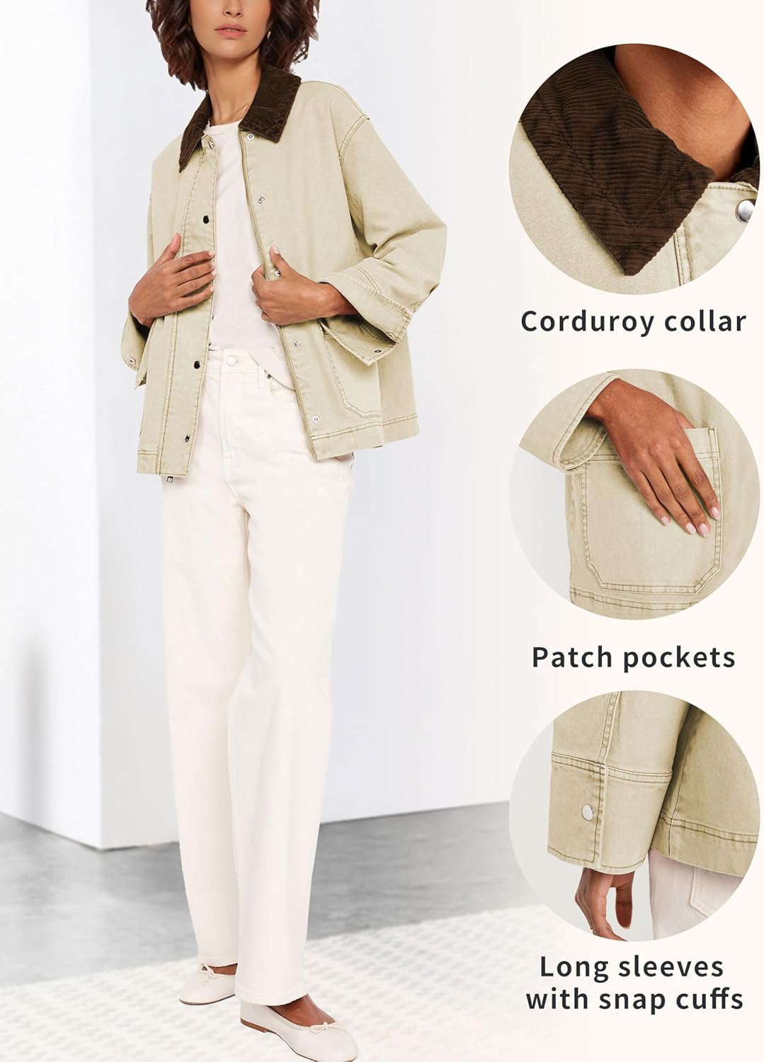 Barn Jackets for Women Trendy Cropped Canvas Jacket Corduroy Contrast Collar Utility Coat 2025 Fall Vintage Outwear - Image 4