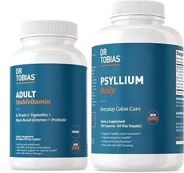 Dr. Tobias Adult Multivitamin & Psyllium Daily Supports Energy, Immunity & Healthy Bowel Movements with 42 Fruits & Vegatables, Psllium Husk, Bentonite Clay, Flaxseed & Natural Ingredients