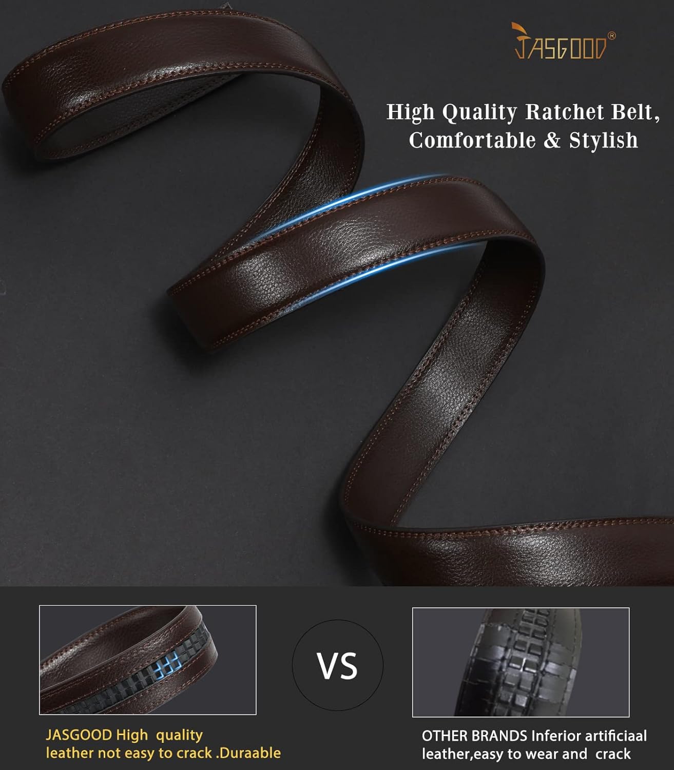 JASGOOD Ratchet Belt Replacement Strap 1 1/8", Leather Belt Strap for 35MM Slide Click Buckle - Image 4