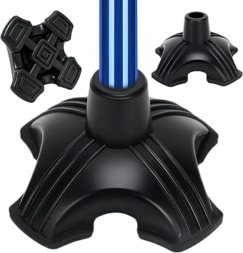 MFE Cane Tip 3/4" Replacement - Self Standing Non-Slip Rubber Quad Base with Reinforced Solid Support, Heavy Duty Stable 4-Prong Foot Pad for Walking Cane