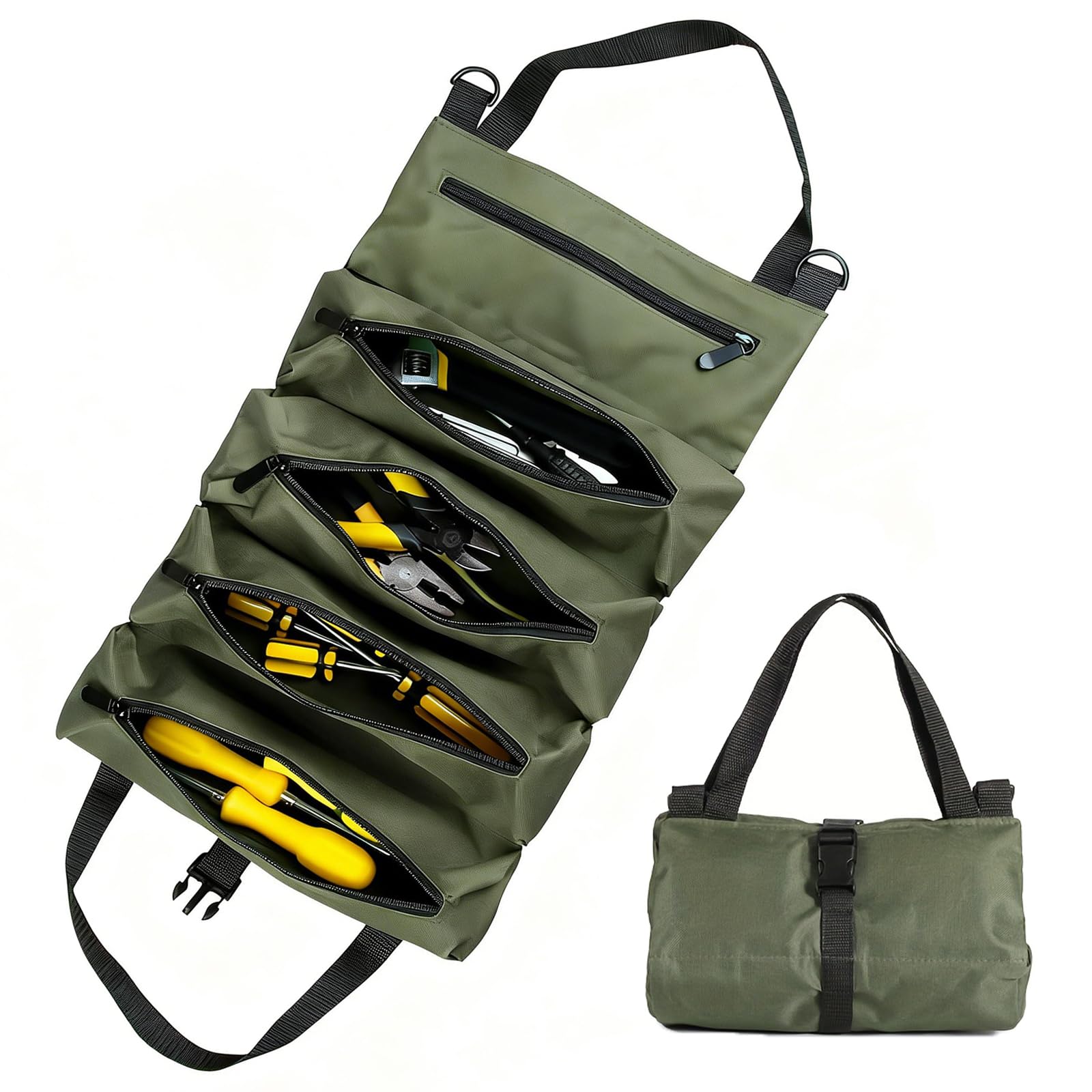 Tool Roll Bag Canvas Tool Bag Multi-Purpose Tools Box and Heavy Duty Tool Organizer with 5 Zip Pockets Ideal for Plumbers Craftsmen and Electricians Armygreen