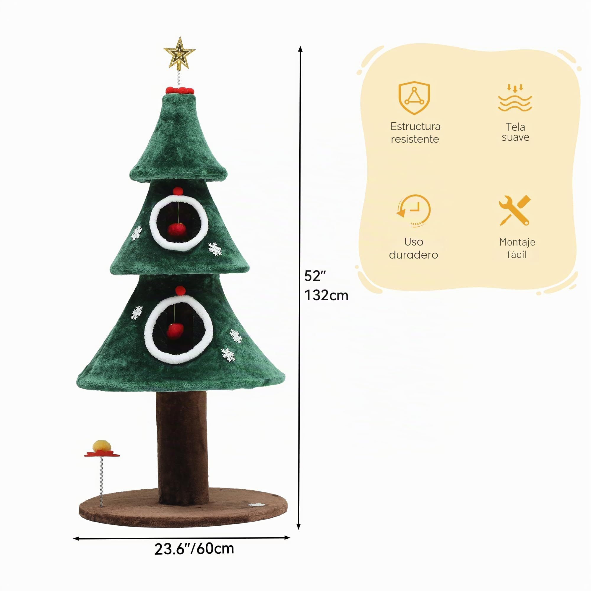 YITAHOME 132 cm Árbol Grande para Gatos con casa para Gatos de Dos Pisos, Torre para Gatos, con Juguetes para Gatos, Centro de Actividades para Gatitos, decoración navideña, Verde