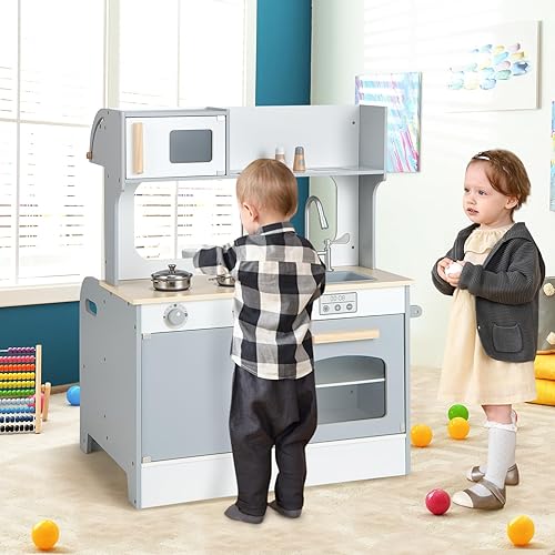 Miniatura 5 de HONEY JOY Juego de cocina para niños, cocina de doble cara para niños pequeños y restaurantes, utensilios de cocina, microondas, fregadero, gabinete