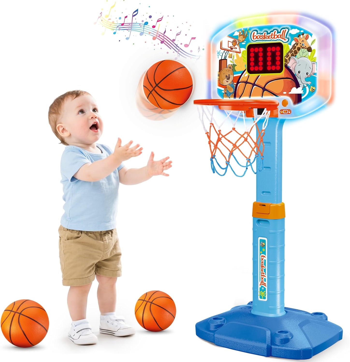 Toddler Basketball Hoop Indoor for Age 1-3, Kids Basketball Hoop with Led Light Scoreboard, Adjustable Basketball Goal with 3 Balls, Outdoor Sport Toy for 1 2 3 4 Year Old Baby Boy Girl Birthday Gift