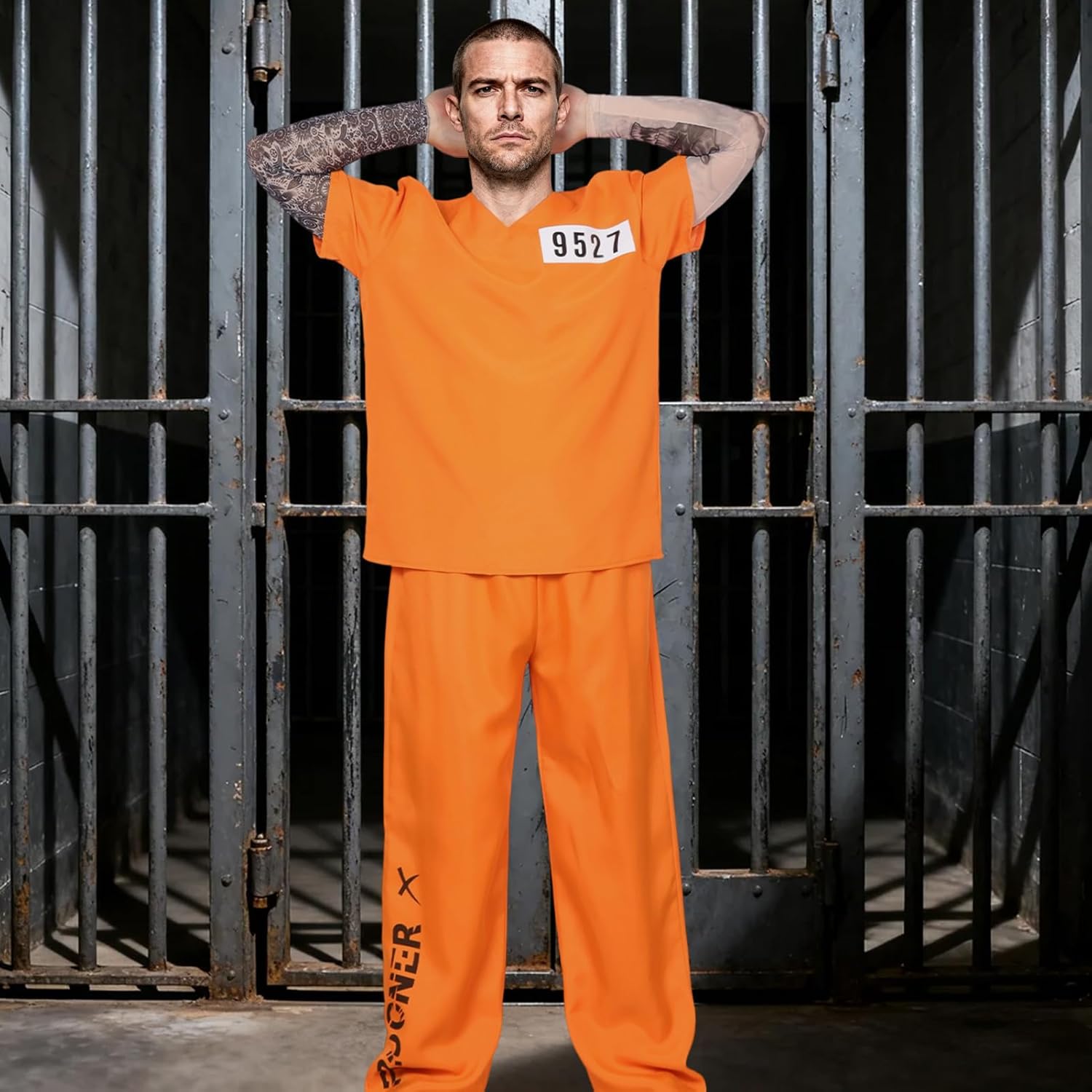 Prisoner Costume for Men Orange Prison Inmate Costumes Mens Halloween Cosplay Outfit Coverall with Prison Number - Image 6