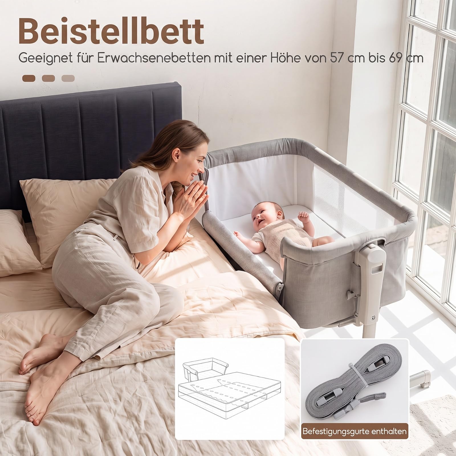 COSTWAY 3 in 1 Beistellbett, Babybett 6-stufig höhenverstellbar (Grau) | Reisebett mit Matratze, Babywiege mit Schaukelfunktion, Stubenwagen Baby mit Rollen für Neugeborene bis 6 Monaten