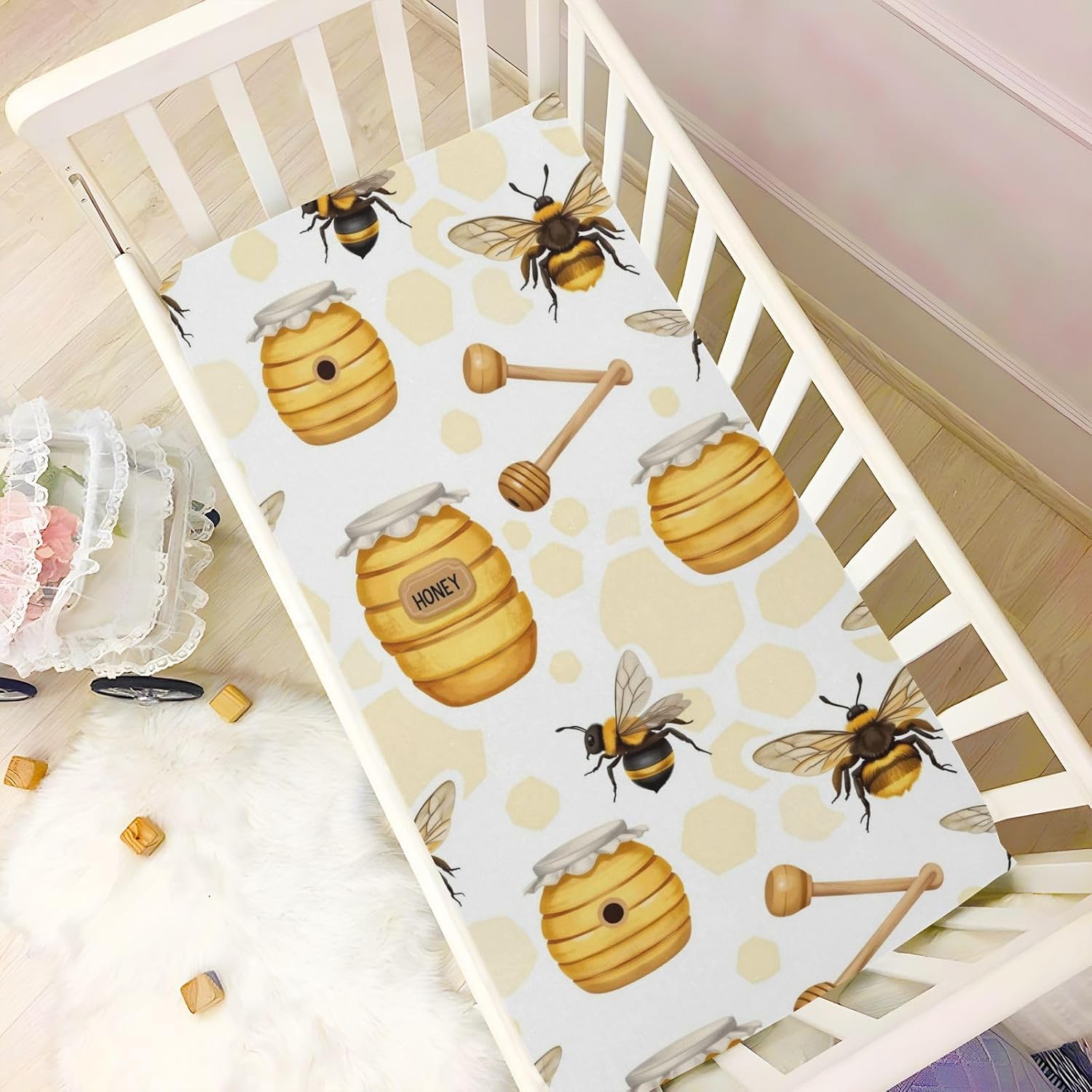 Crib Sheets for Boys Girl Beehive Bees Neutral Mini Crib Mattress Sheets Fitted, Honey Pot Toddler Baby Sheets for Crib Mattress Soft & Breathable 39 * 27 * 5In