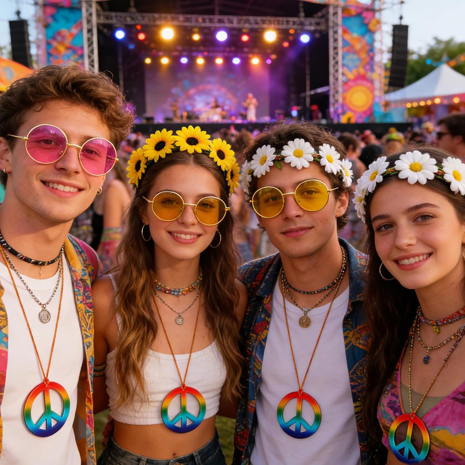 6 Pcs Hippie Accessories for Women, 60s 70s Accessories Women with 2 Peace Sign Necklace + 2 Daisy Flower Headbands + 2 Hippie Sunglasses, Hippie Costume for Carnival Vintage Party Multi