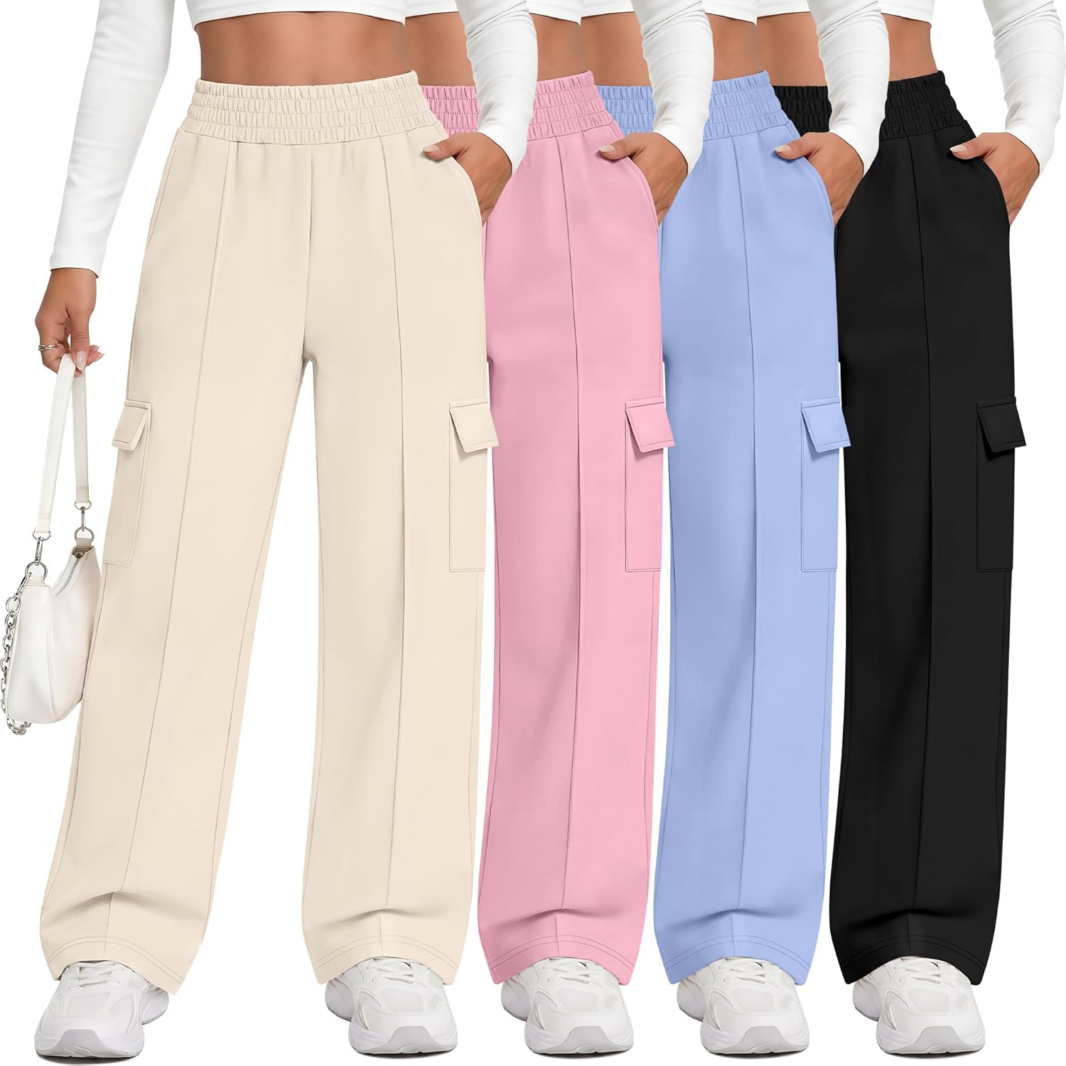 4 Pack Girls Cargo Sweatpants Kids Wide Leg High Waist Pants Casual Baggy Athletic Elastic Waistband Joggers 5-14Y