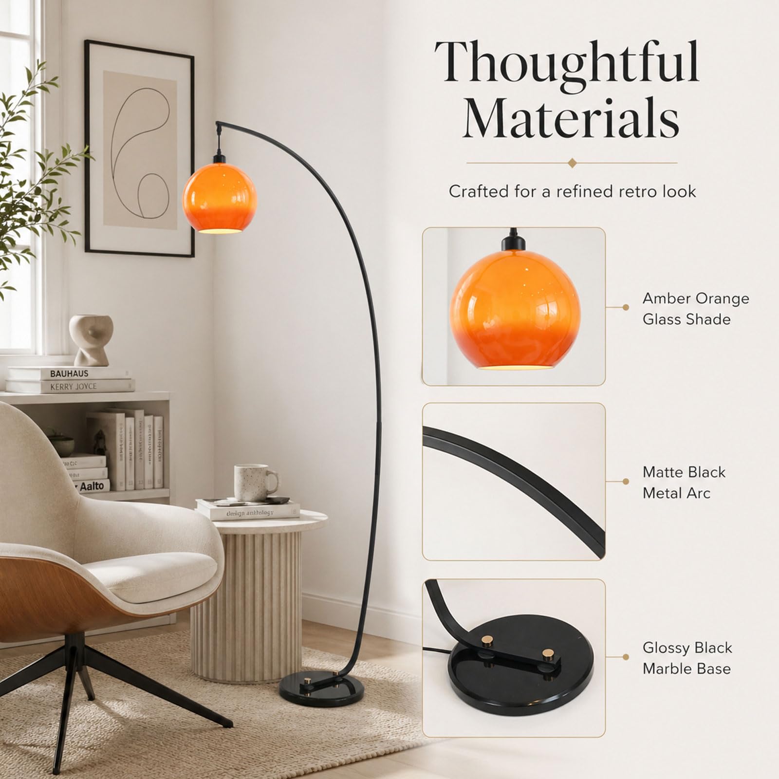 Lampada Da Terra Ad Arco Da 180 CM, Stile Mid-Century Modern, Arancione, Con Globo In Vetro, Attacco E27, 3 Temperature Di Colore, Base In Marmo, Lampada Alta Per Soggiorno E Camera Da Letto