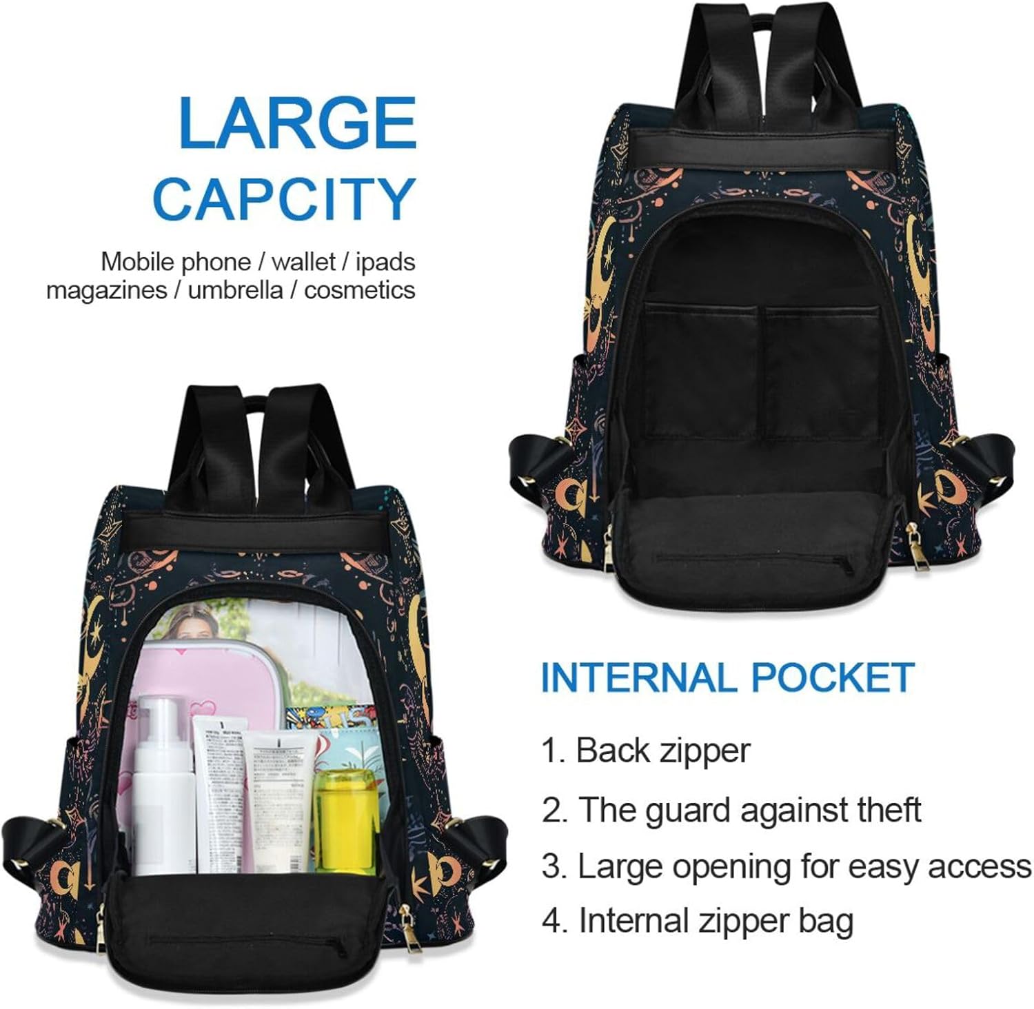 ALAZA Moon Stars Alchemy Witch Backpack Purse for Women Anti Theft Fashion Back Pack Shoulder Bag - Image 5