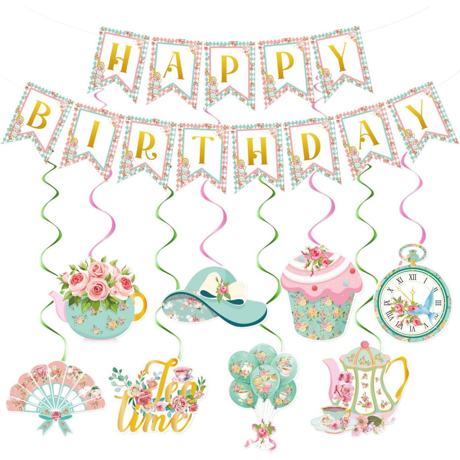Pink Blue Green Tea Party Bunting for Afternoon Tea Birthday Party