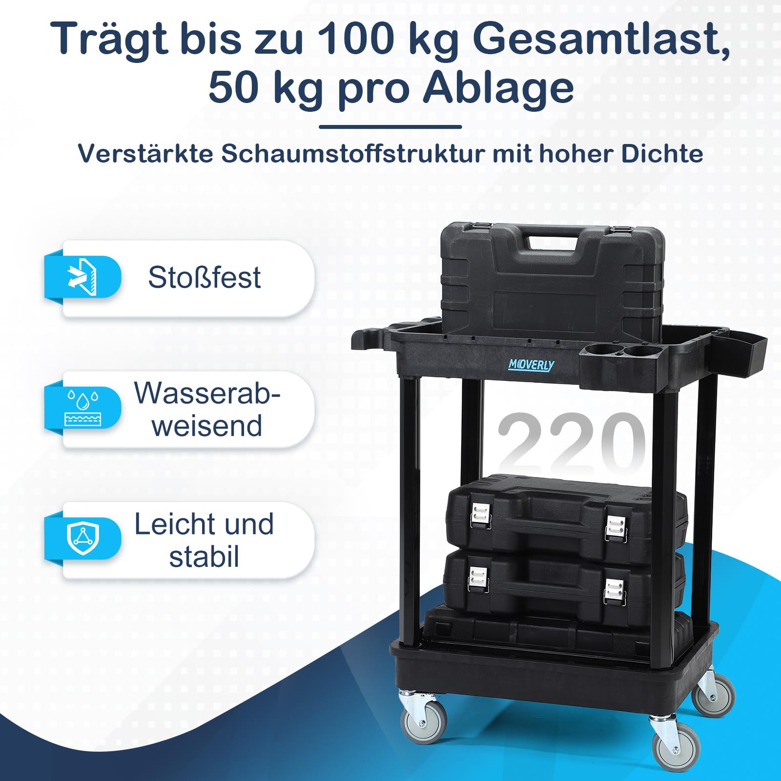 Schwerlast-Utility-Wagen mit 2 Ablagen, 71 x 48 cm, 100 kg Tragkraft, robuster Kunststoff, mit feststellbaren Schwenkrollen – vielseitiger Servicewagen für Zuhause, Büro & Industrie