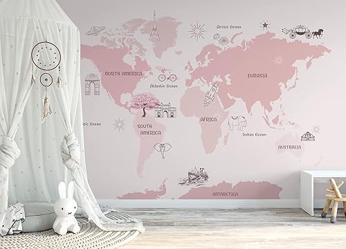 Miniatura 3 de Murwall For Girls Pink World Map Wallpaper Cartoon Pink Maps Wall Murals For Nursery Wall Print Girls Boys Bedroom Childroom