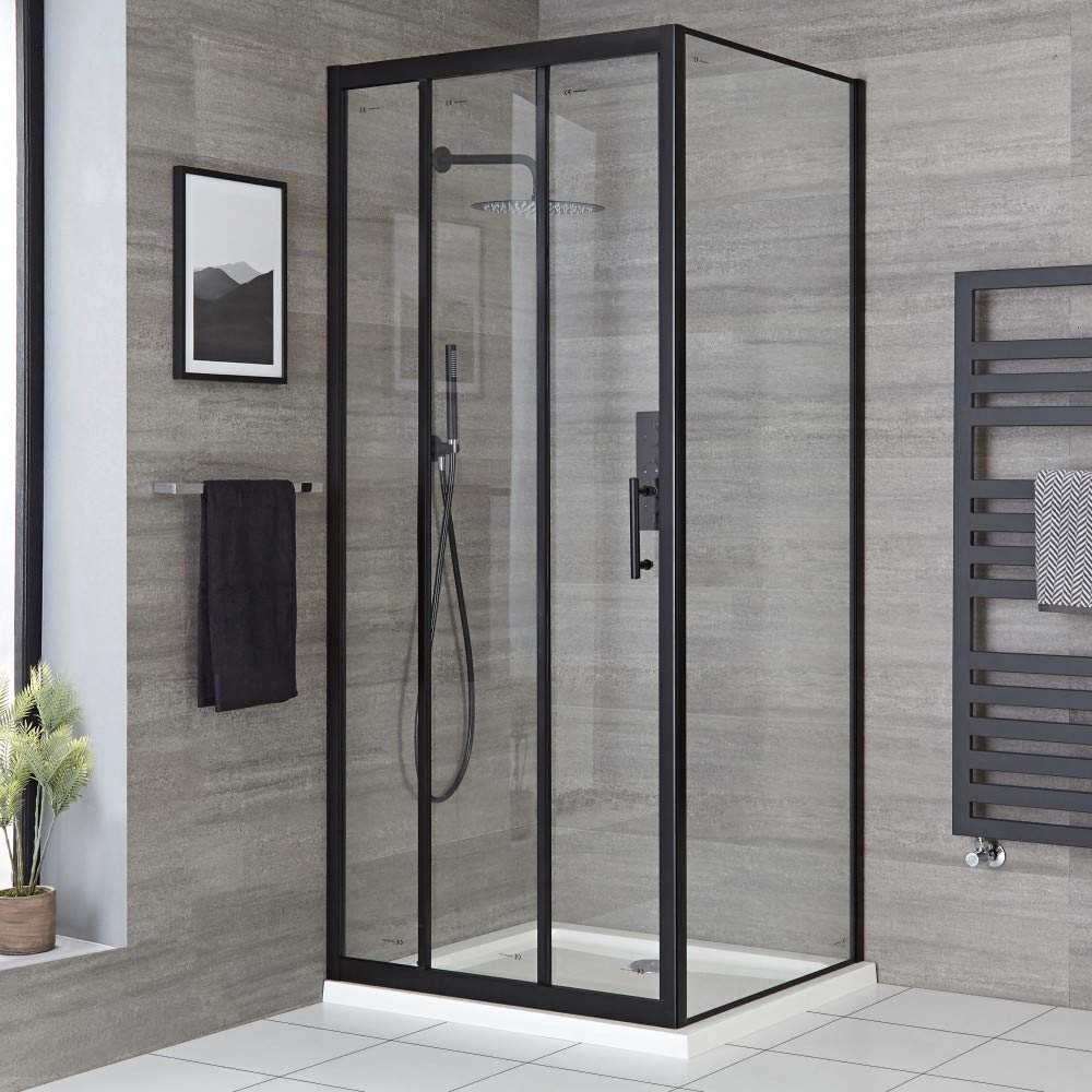 Milano Black Nero 800Mm Wet Room Triple Sliding Shower Enclosure Door With 800Mm Side Panel