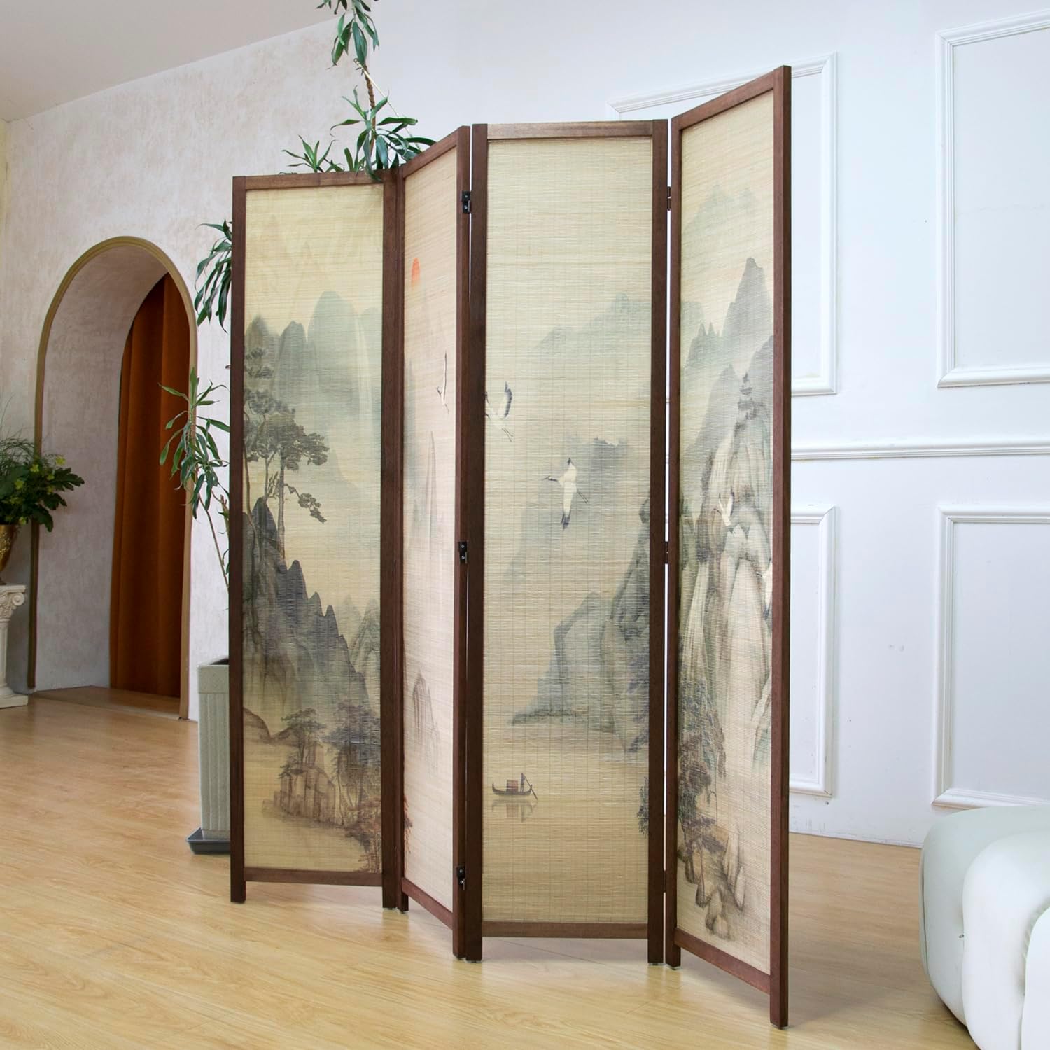 Furnnylane 4 Panel Bamboo Room Divider, 5.6 ft Tall Double-Sided Folding Privacy Screen, Premium Thickened Wood Frame with Mountains and Waters Landscape for Home Office (67" H x 63" W)