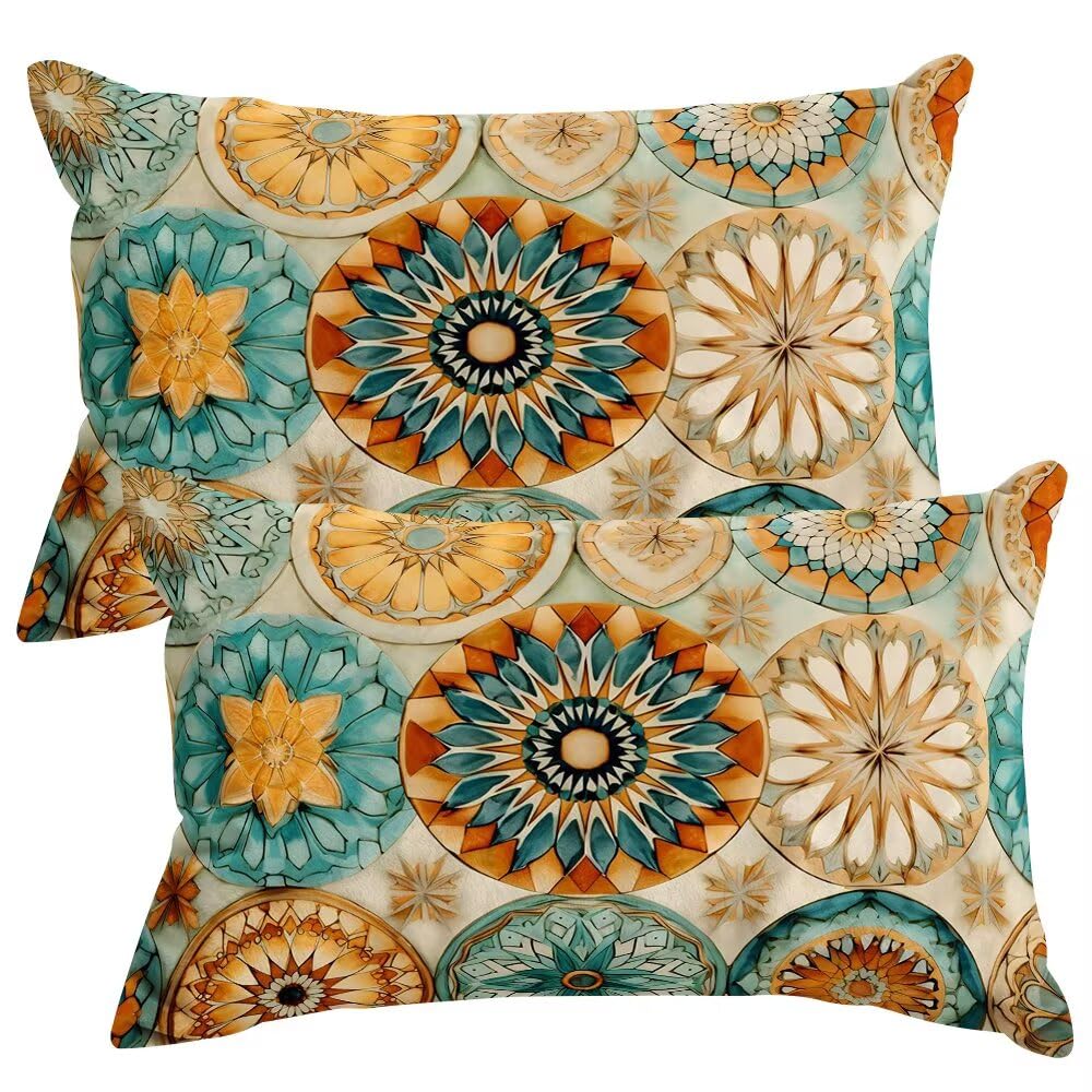 Set of 2 Velvet Cushion Covers 30x50 cm Boho Cushions Covers Decorative Throw Pillow Case Retro Sofa Pillows 12x20 Inch Rectangle Cushion Cover with Invisible Zipper for Livingroom Bedroom -SC403