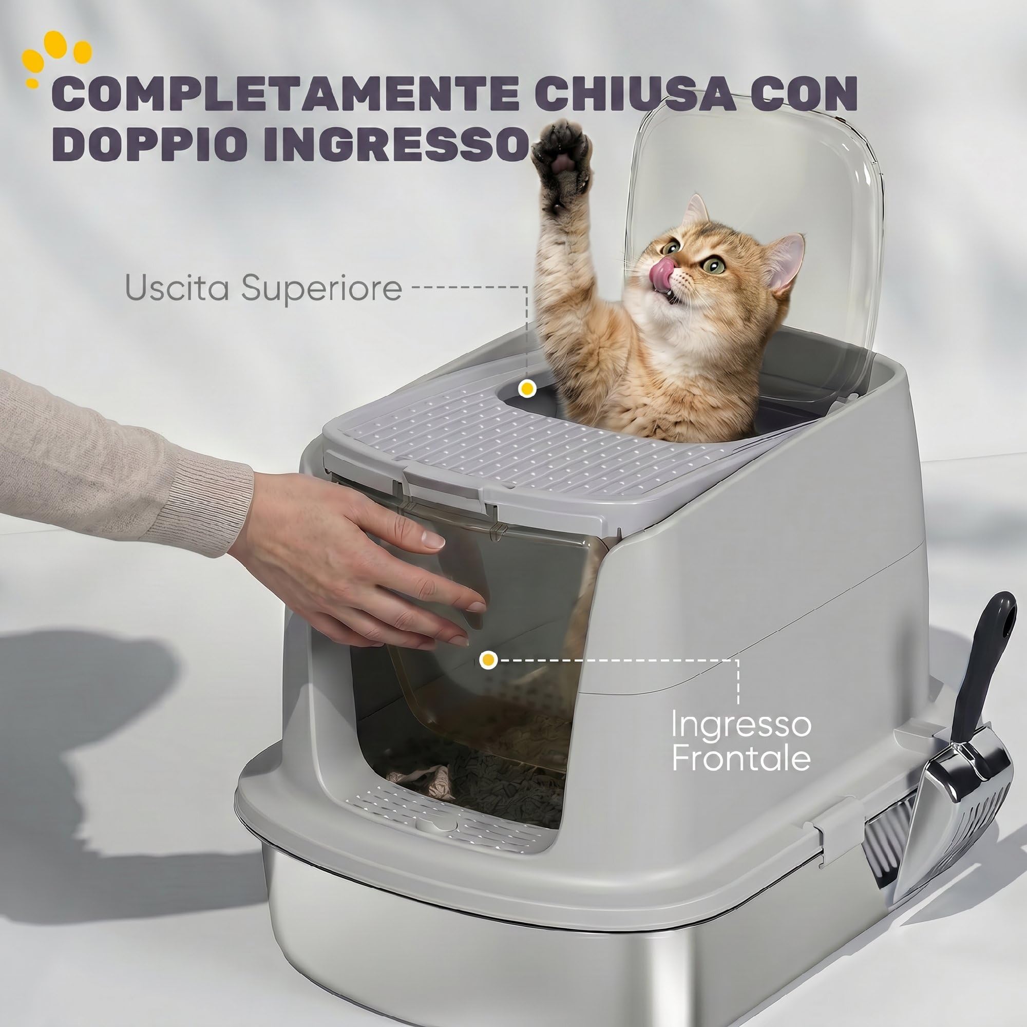 PawHut Lettiera per Gatti Chiusa Acciaio Inox con Pareti Alte Grigio Chiaro | Ribaltabile, Toilette per Gatti, Doppia Porta, Paletta, Antiperdita, Antiodore, Facile da Pulire, 52.4x41.3x39.8 cm