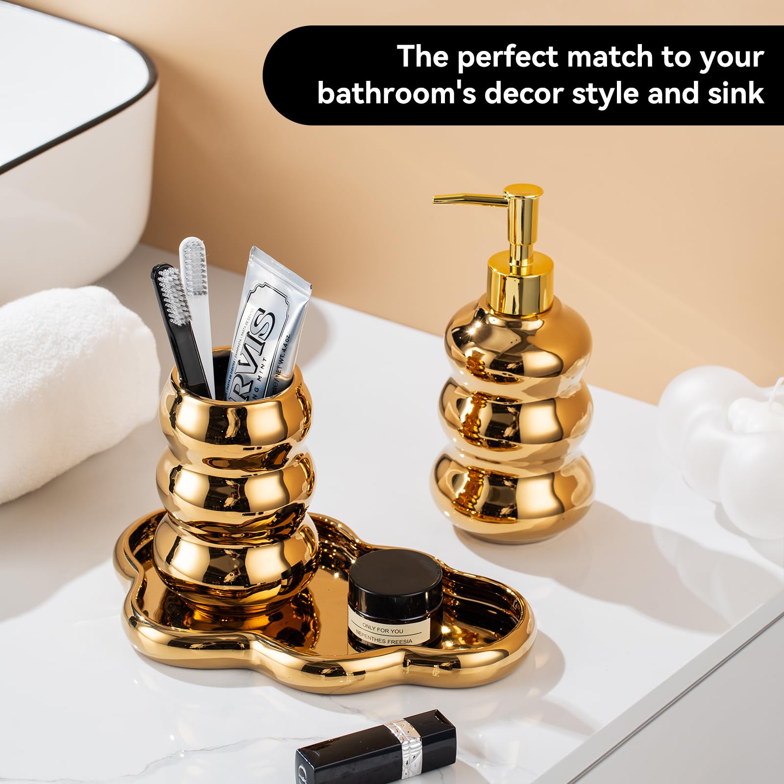Bathroom Accessory Set, 3-Piece Ceramic Bath Accessories Set with Tray, Lotion Dispenser, and Tumbler