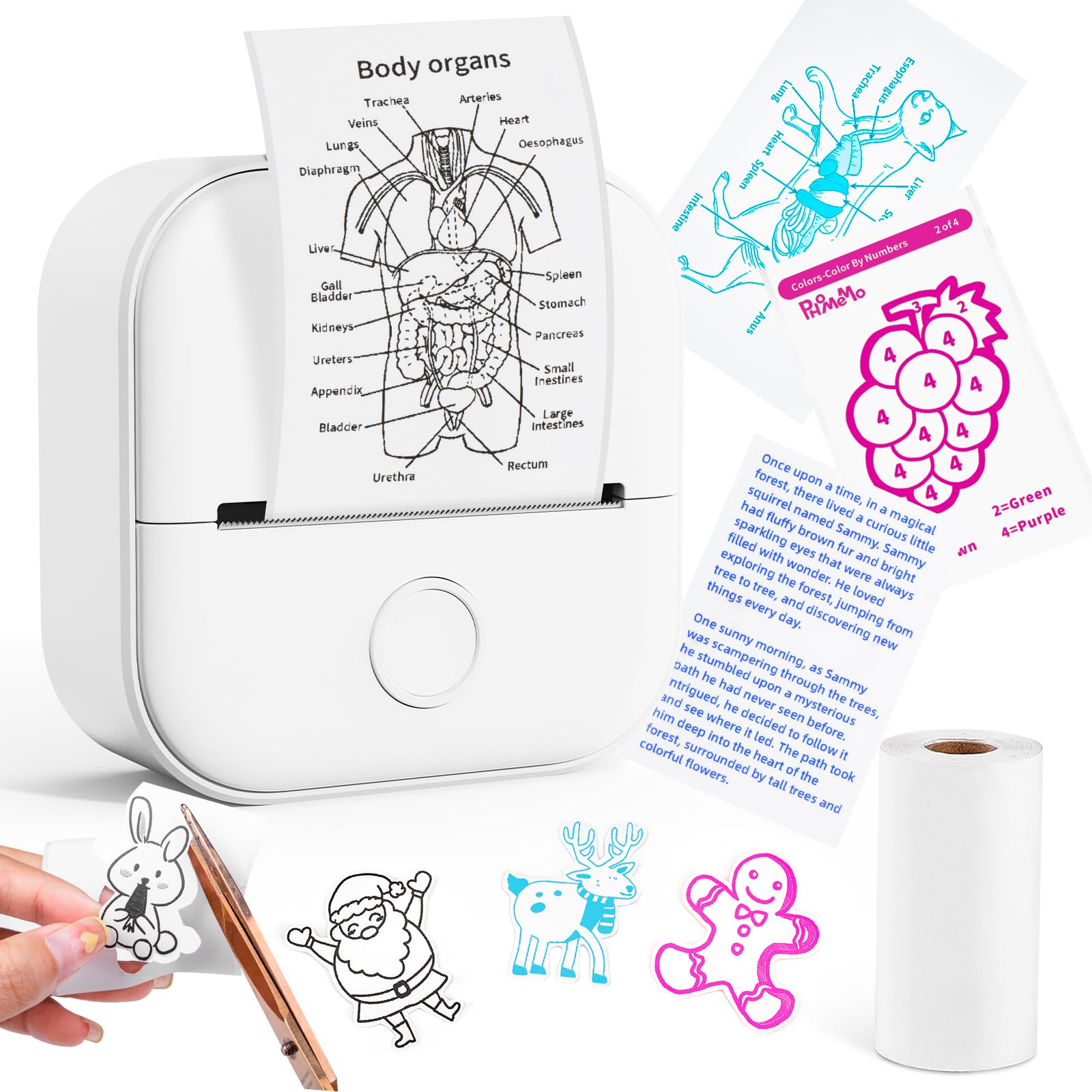 Memoking Mini Portable Printer - T02 Inkless Pocket Thermal Sticker Maker Mini Sticker Printer Mobile Label Maker for Student, Gift, White (Bunny Case Not Included).