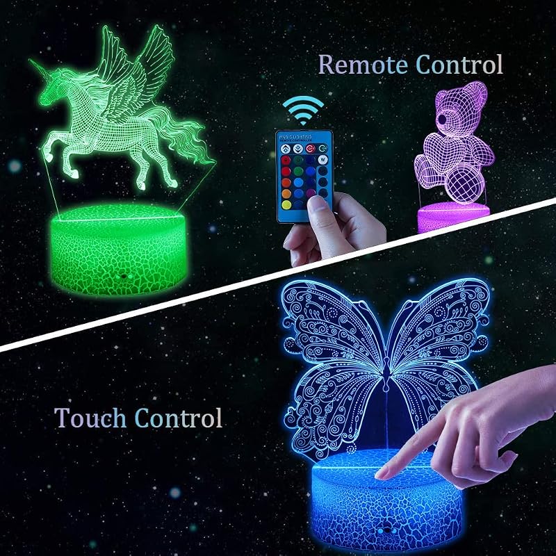 Zeaky 3D LED Éjszakai Lámpa Lányoknak - Unikornis, Pillangó, Maci Mintákkal, 16 Színváltási Lehetőséggel és Távirányítóval - Születésnapi Aj