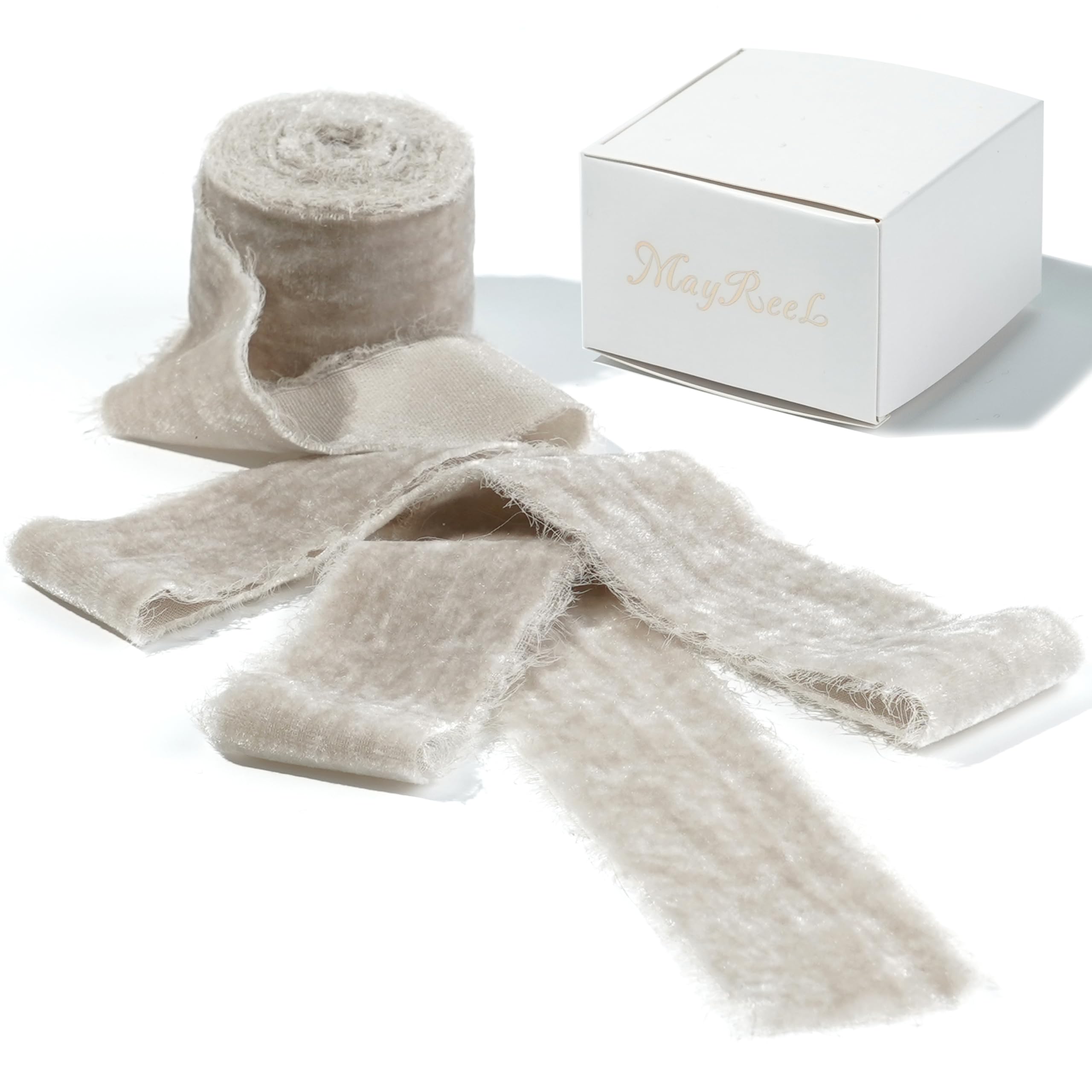 MEEDEE Taupe Crinkle Velvet Silk Ribbon - 2" Wide, 2 Rolls (4 Yards Total) - Frayed Edge For Gift Wrapping & Decor - View #9