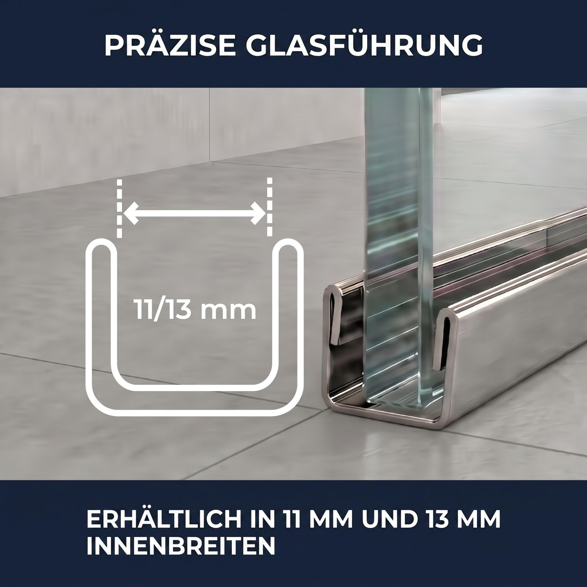Profilo di raccordo a parete con guida per vetro 200cm x 12mm x 11mm | Profilo a U in acciaio inossidabile, per lastre di vetro da 8mm, supporto parete doccia, fissaggio a parete vetro