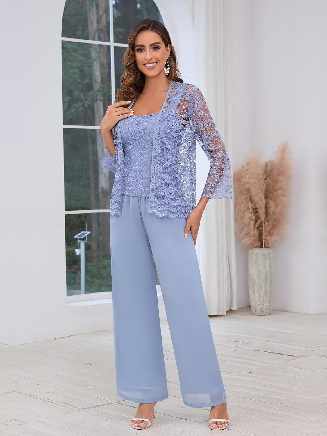 3 Pieces Mother of The Bride Pant Suits for Women Lace Chiffon Dressy Formal Pantsuits Wedding Guest Cocktail Prom Set