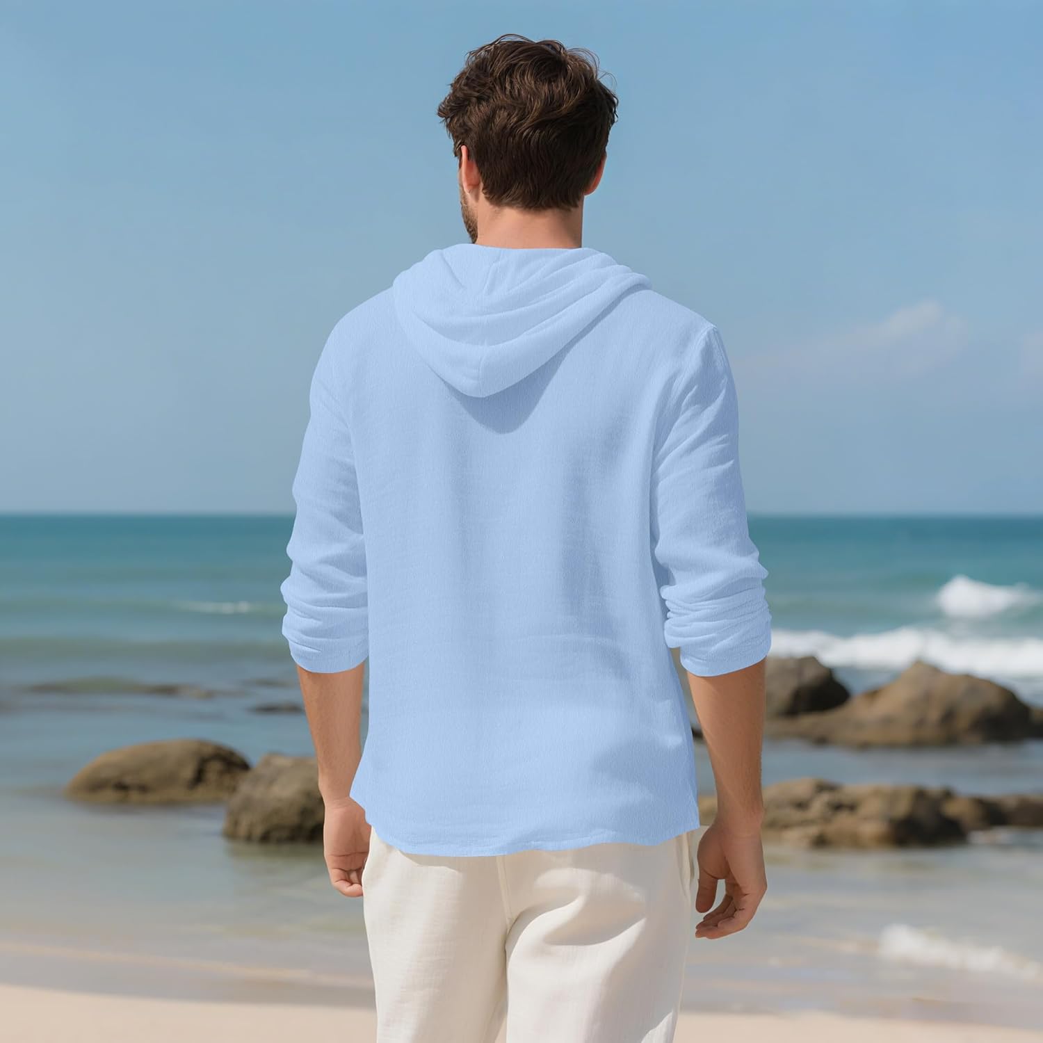 Mens Cotton Linen Hoodies Lightweight Long Sleeve Button Down Shirts Casual Hawaiian Beach Yoga Tops Sweatshirts - Image 4