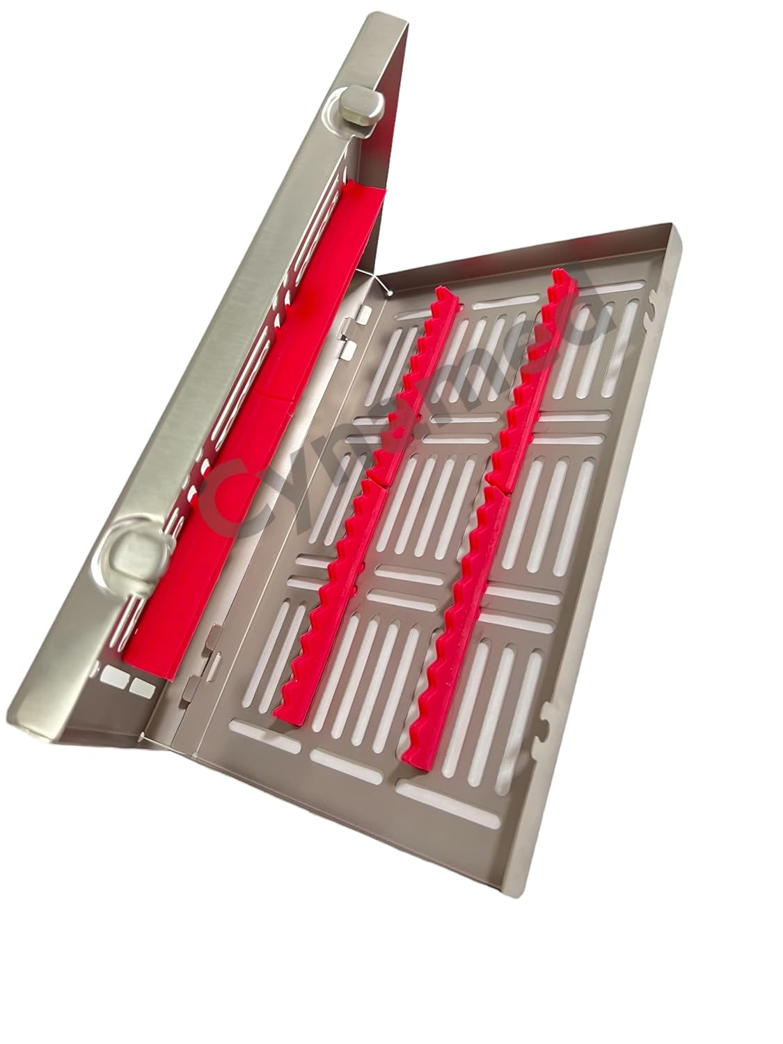 20 Slot Autoclave Cassette with Pink Silicone Inserts, Double Lock Buttons, and Dettachable Lid - Fits 20 Instruments - 11" x 7" x 1.25"