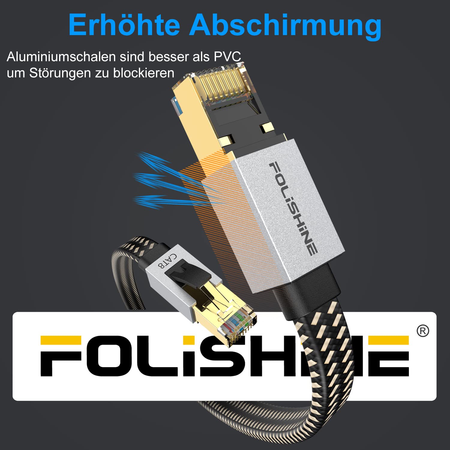 Cat8 Ethernet Kabel 30M, Hohe Geschwindigkeit Nylon Braided Lan Patch Cord, 40Gbps 2000Mhz RJ45 Shielded Flat Cable, für Modem/Router/Switch, schneller als Cat5e/Cat6/Cat7