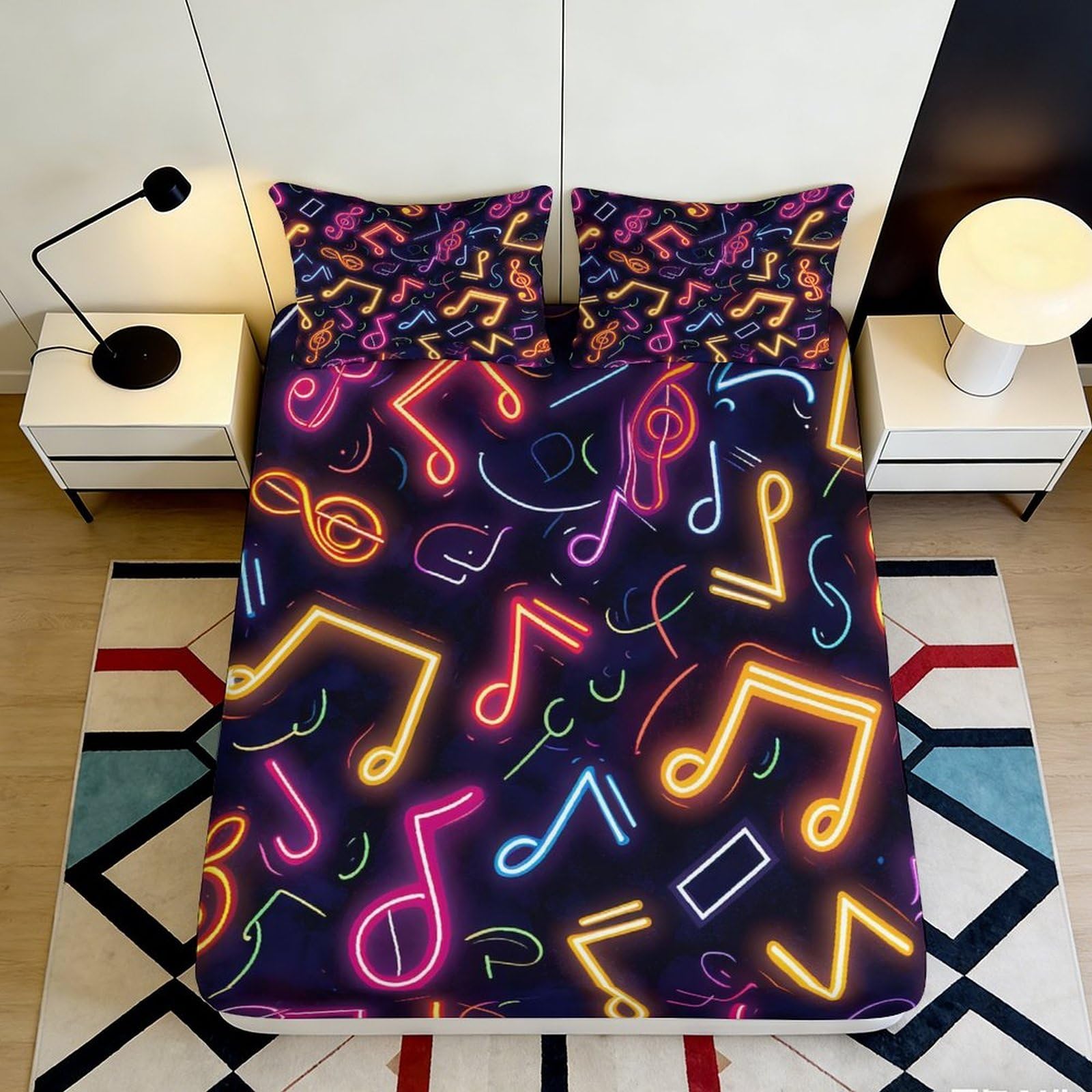 3D Printed Neon Music Notes Fitted Sheet Microfiber Soft Breathable Mattress Cover for Bedroom Dorm Decor 90x200x25cm