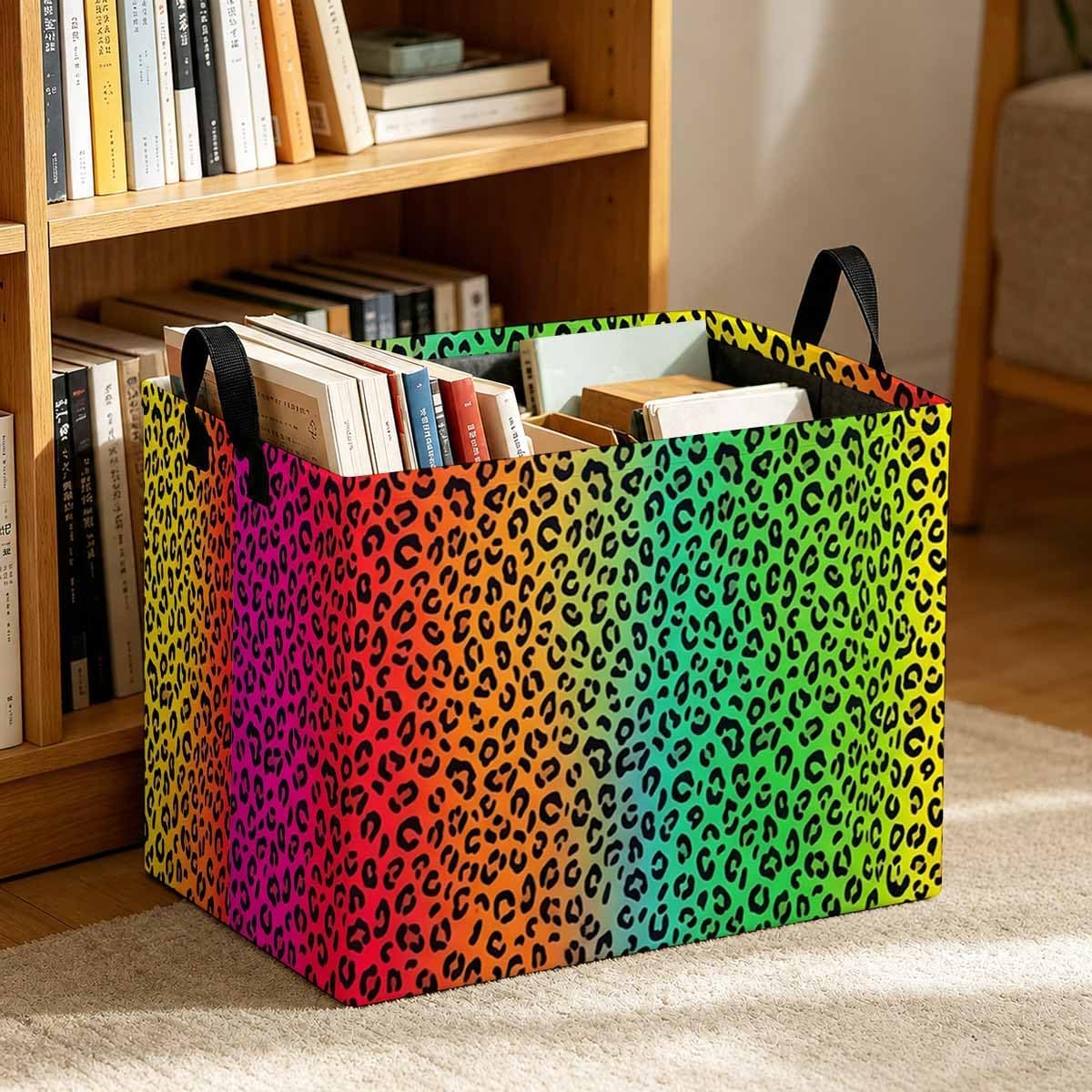 Rainbow Leopard Print Laundry Hamper 56L, Colorful Cheetah Foldable Laundry Basket with Reinforced Handles Storage Basket for Laundry Room, Bedroom, Bathroom, College Dorm - Ideal Gift for Home image 2