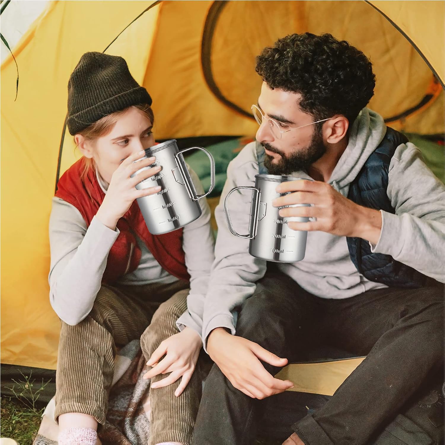 Glamora Tazza da campeggio in acciaio inossidabile,con Maniglia Pieghevole Ultra Leggero Portatile 500ml Acqua Tazza,Per Picnic Escursionismo Campeggio Escursionismo