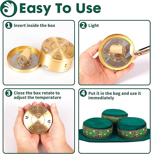 Miniatura 5 de Caja de moxa de cobre sin humo, juego de 3 purificadores de tanque de cobre, herramienta de tratamiento de moxibustión, bolsa de terapia portátil,