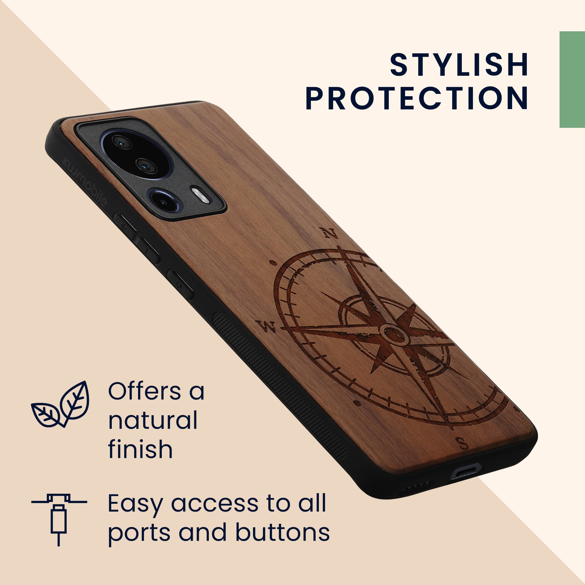 Custodia Xiaomi 13 Lite 5G Kwmobile - Cover In Legno Con Bumper Silicone TPU, Design Bussola Vintage - Foto 8