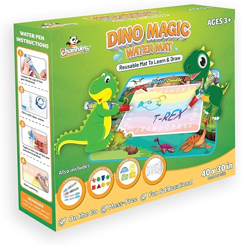 Miniatura 2 de Channie's Alfombrilla de agua reutilizable de dinosaurio mágica para niños de 3 años en adelante, tapete de dibujo acuático con bolígrafos de agua,