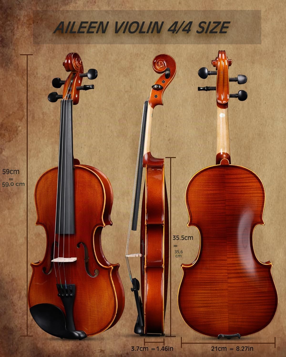 Aileen 4/4 Geige Erwachsene Anfänger, Violine Set für Kinder ab 12+ Jahre, Massive Europäische Fichte Violine mit Notenständer