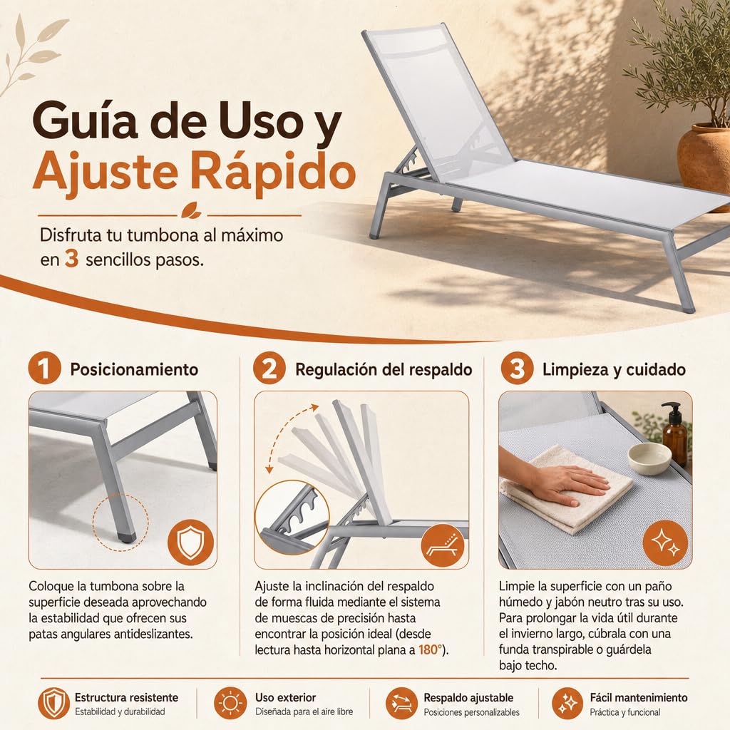 Pack 2 Unidades — Tumbona de jardín reclinable de Aluminio para Descansar y Tomar el Sol en Exteriores Blanco