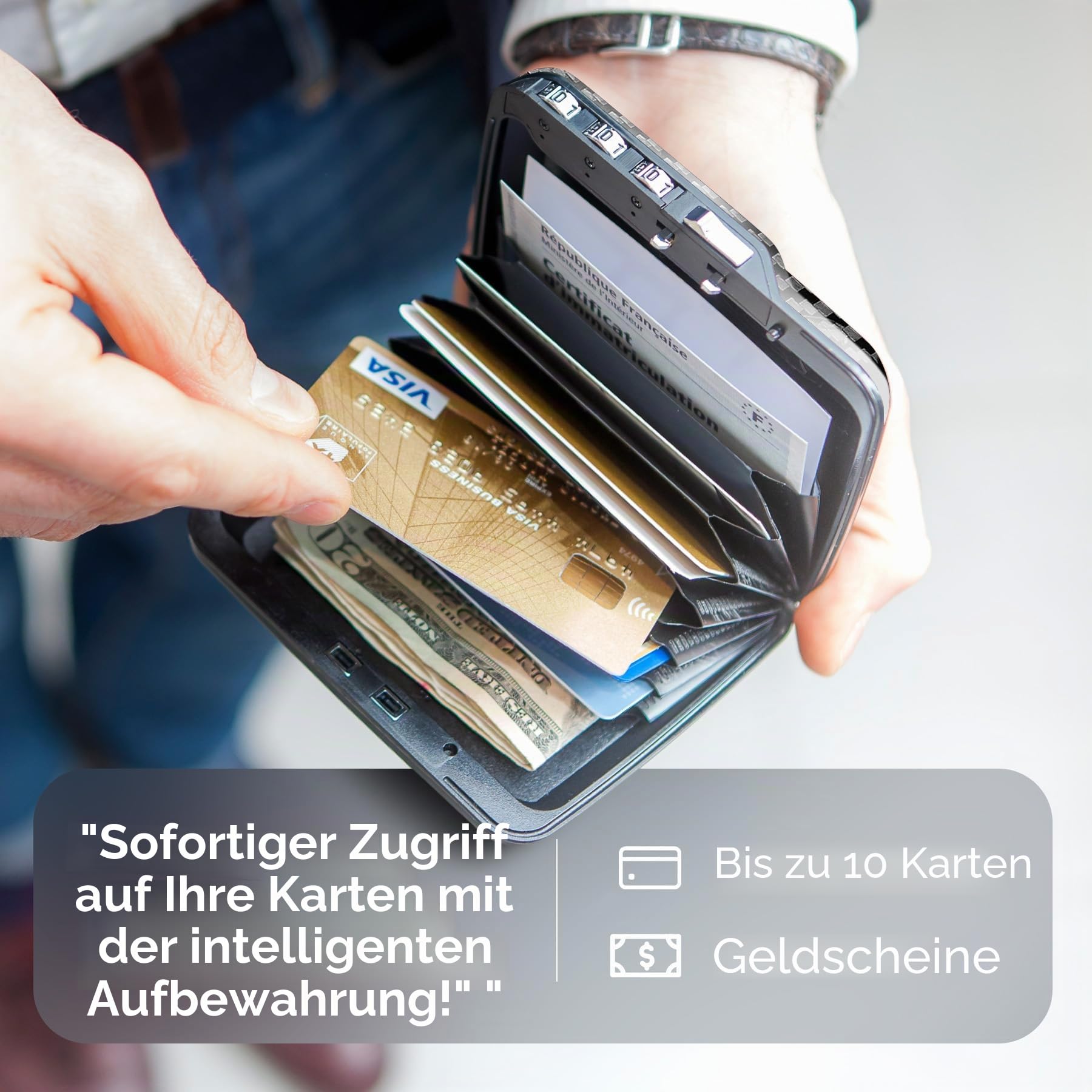 ÖGON -DESIGNS- Carbonfaser-Geldbörse mit Zahlenschloss. Modell: Code Wallet | 3-stelliges Zahlenschloss. Schneller Kartenzugriff. Für bis zu 10 Karten & Geldscheine. RFID-Schutz.