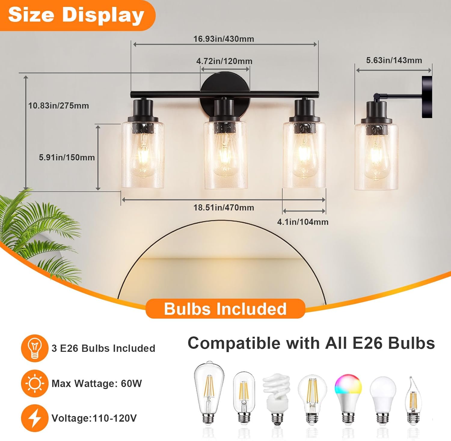 DLLT 3-Light Bathroom Light Fixtures: Black Modern Vanity Lights with 3 E26 Bulbs - Bubbled Glass Shade Bathroom Wall Lamp for Mirror Kitchen Living Room Hallway Cabinet Porch