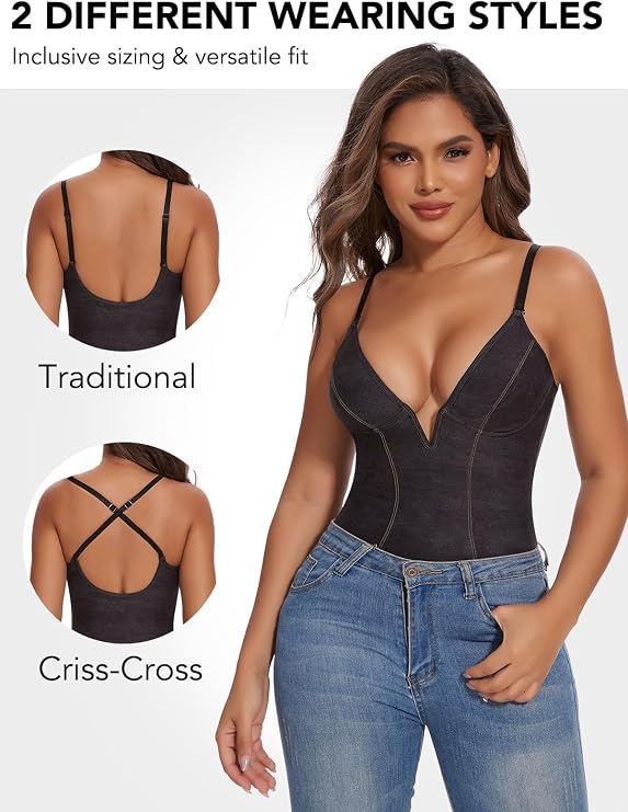 SHAPERIN Bodysuit for Women Shapewear Tummy Control Deep V Neck Plunge Sleeveless Backless Thong Body Suit Tank Top