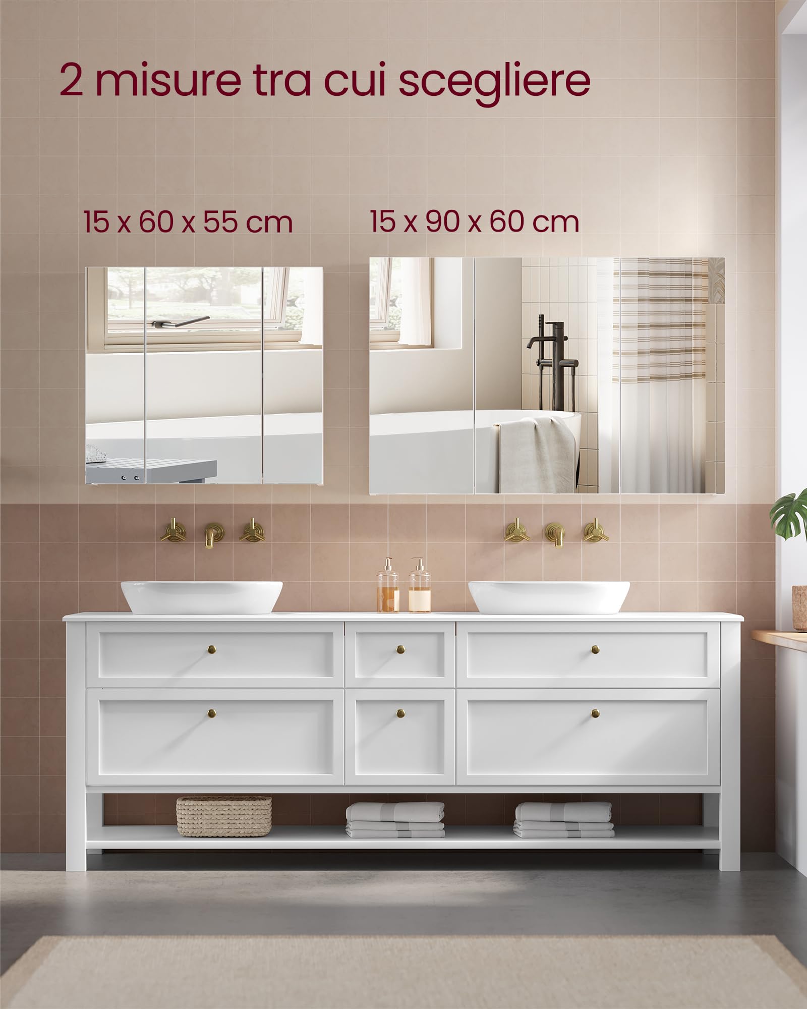 VASAGLE Collezione KAILYN - Mobiletto Pensile da Bagno con Specchio, Stile Moderno, 15 x 60 x 55 cm, Bianco BBK22WT