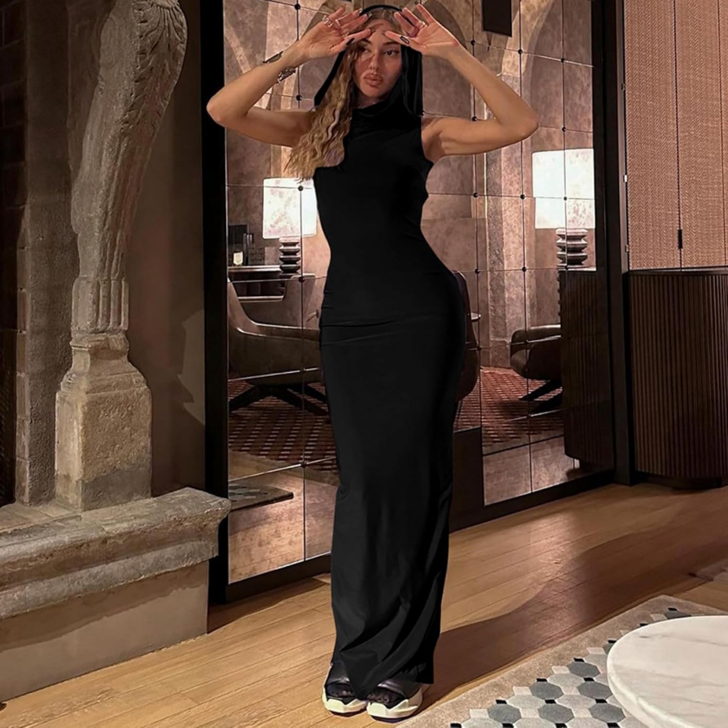 Women's Sexy Sleeveless Hoodie Maxi Dress Back Split Hooded Bodycon Long Dress Party Club Outfit - Image 4