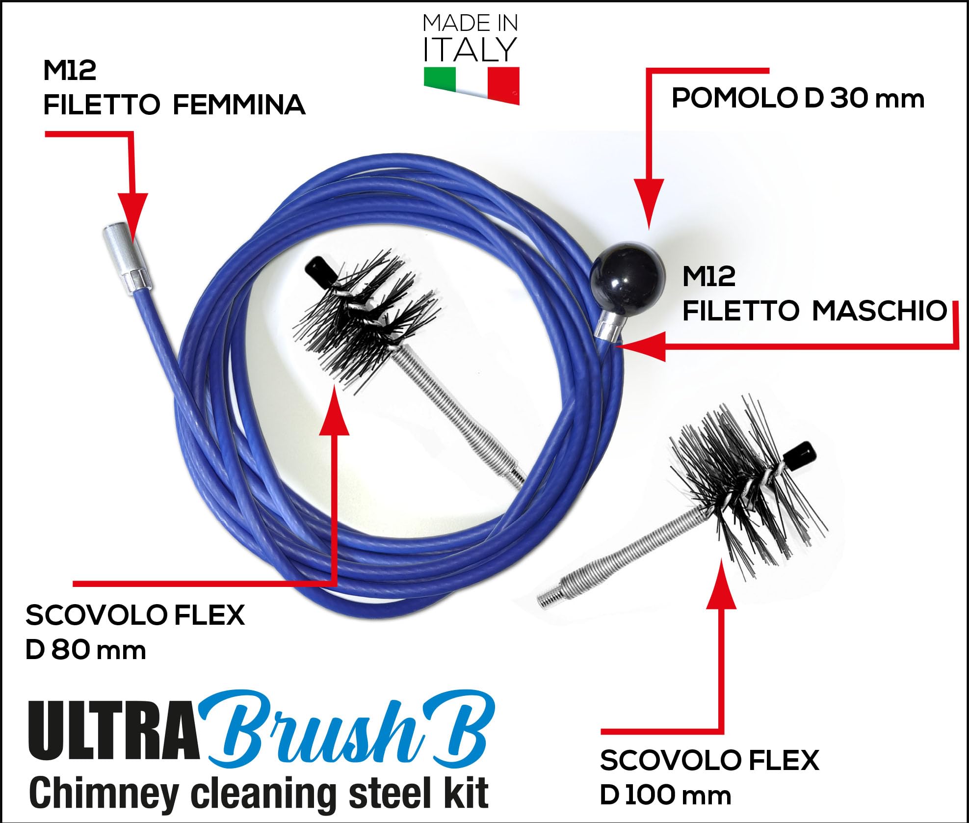 ULTRABRUSH B | Kit limpieza chimenea estufa de pellet. 2 escobillas deshollinador flexible. Compatible con todo tipo de chimeneas. Alambre de acero revestido ultra robusto y deslizante. (6 metros)